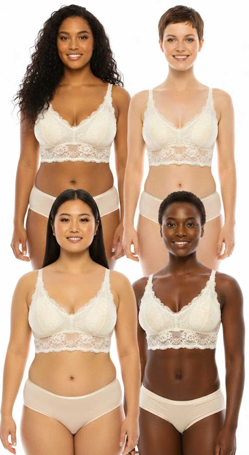 Four women wearing white lace lingerie on a white background